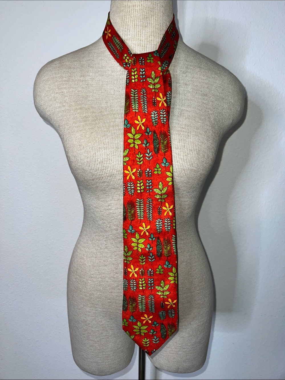 Dunhill Red Silk Tie with Green and Teal Botanical Motif